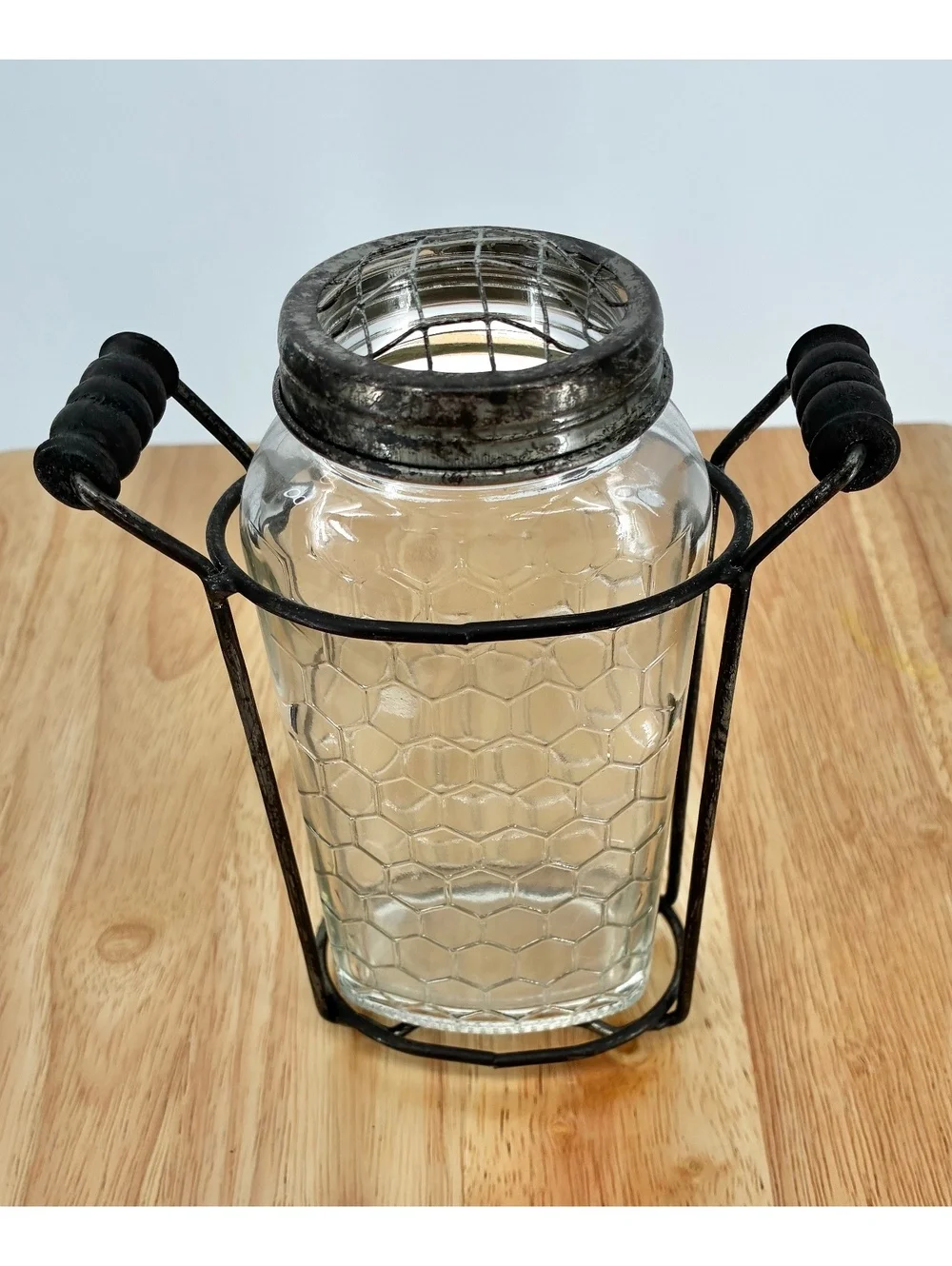 Glass Honey Jar Vase with Metal Wire Frame